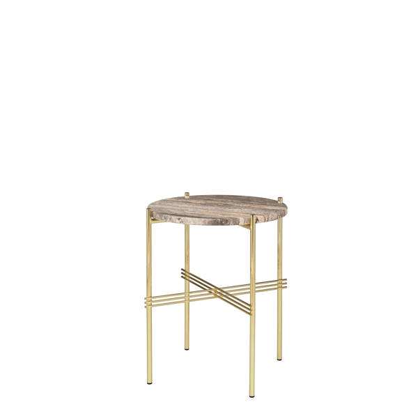 TS Round Side Table - grey travertine top - brass base